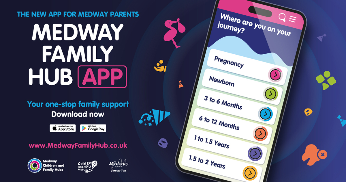 Image Advert for the Medway Family Hub APP with a smart phone https://go.focusgov.co.uk/go/Ryo39