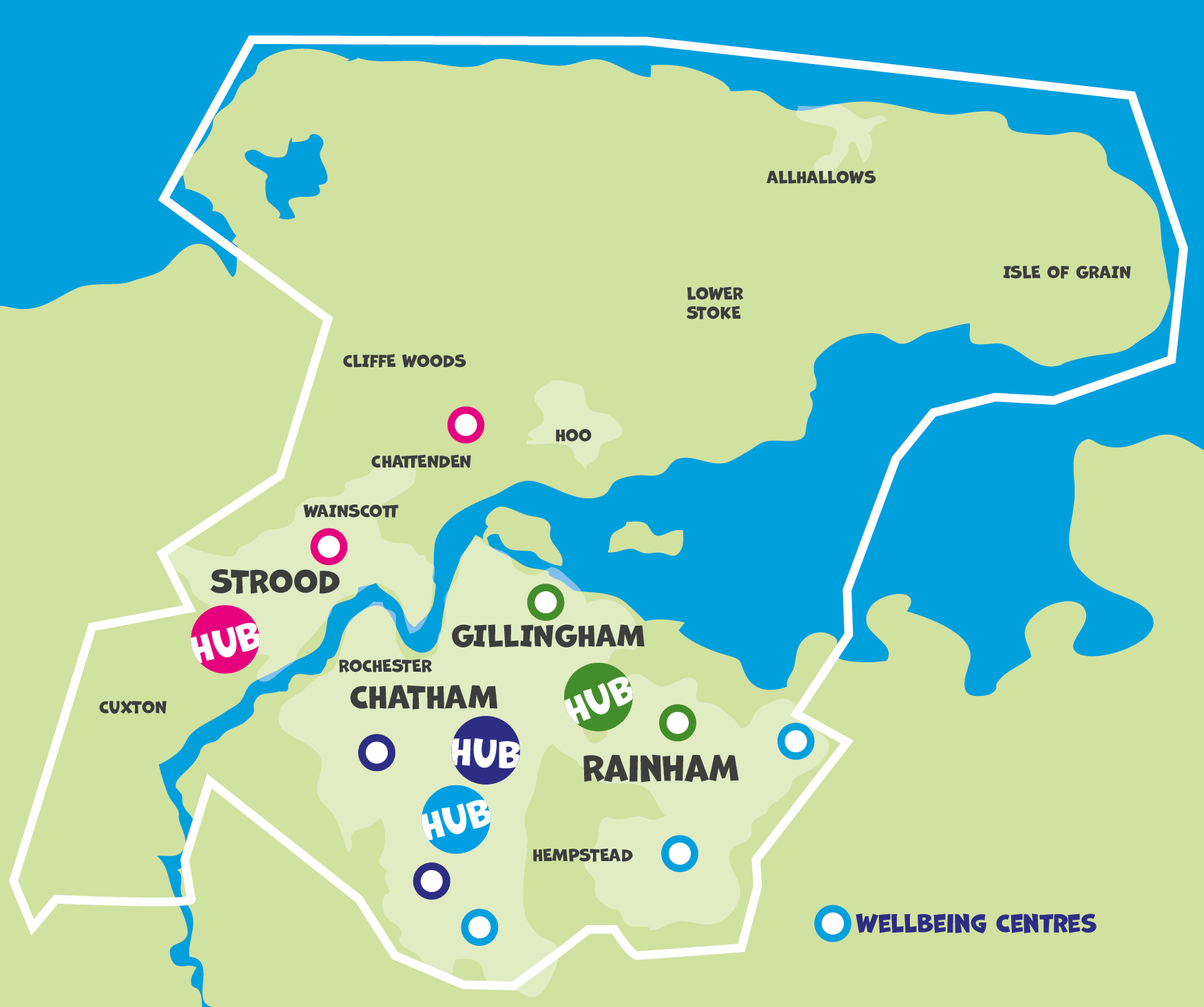 Drawing of a map of Medway with pin marks for various family hub and wellbeing centre locations 